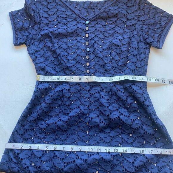 Rare Vintage Navy Blue Eyelet Lace Midi Dress Short Sleeve 50s Fit & Flare Women - Picture 6 of 12